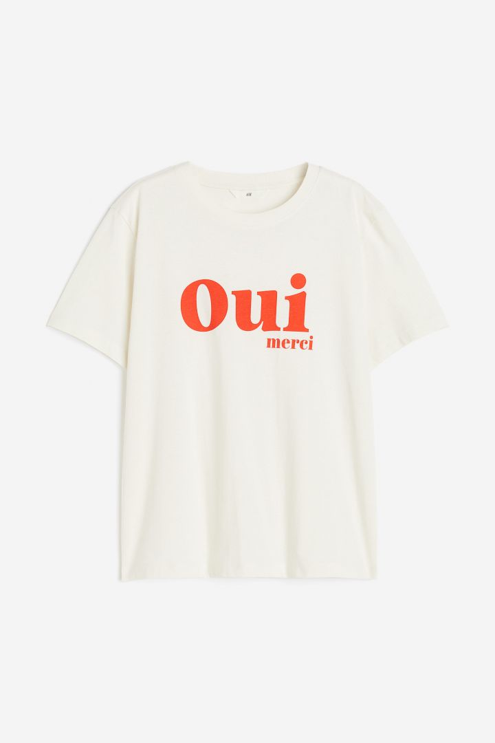 棉质T恤- 奶油色/Oui| H&M CN