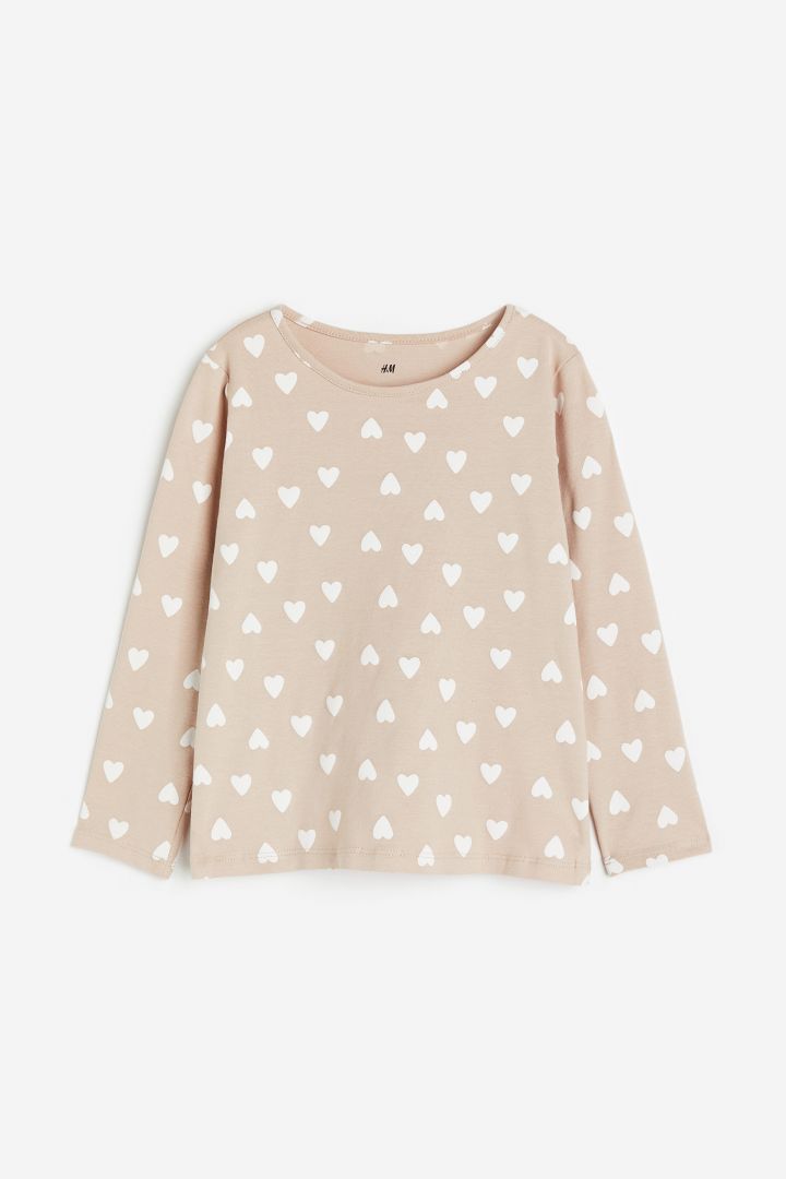 Printed jersey top - Light beige/Hearts| H&M CN