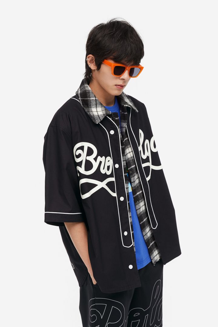 Printed baseball shirt - Blue/Brolga - Men