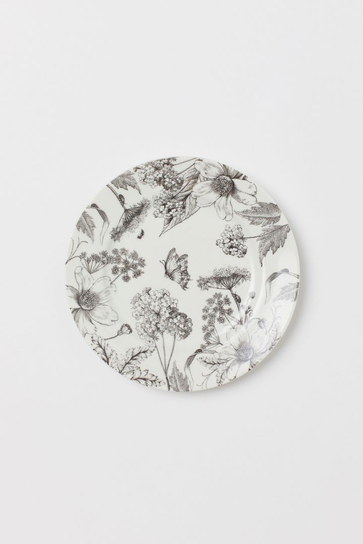 Small porcelain plate - Dark grey/Floral| H&M CN