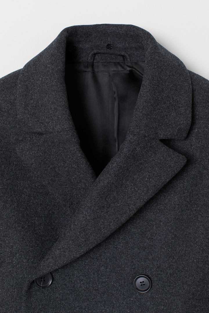 Wool Blend Pea Coat Dark Grey Marl, H M Mens Black Peacoat Jacket