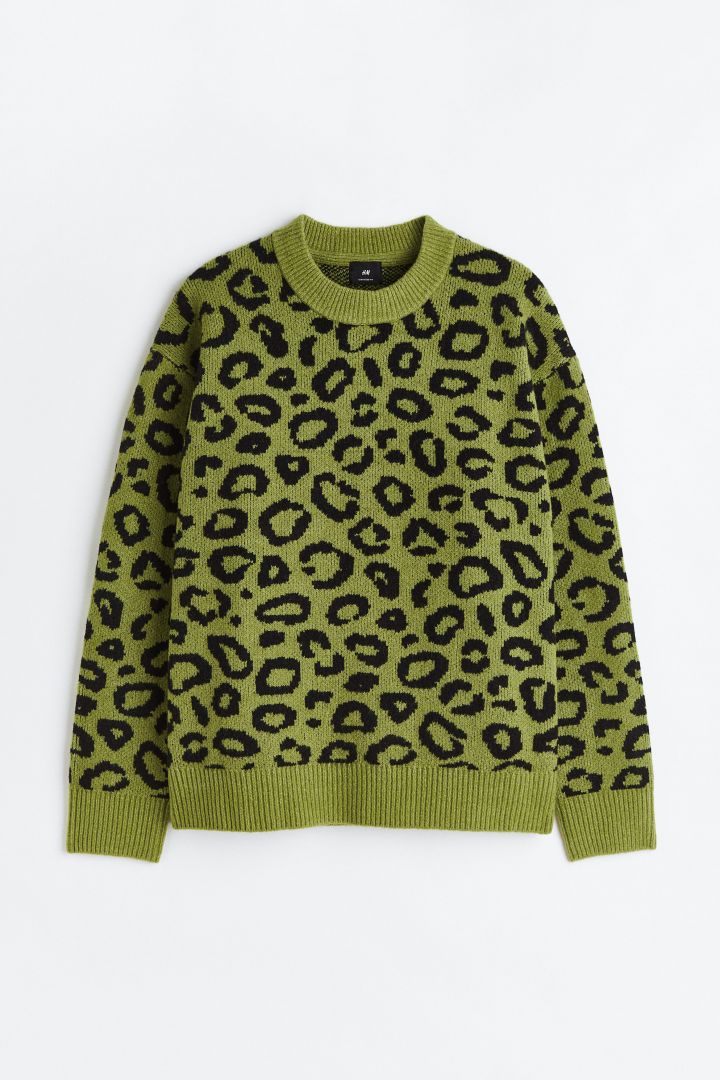 Oversized Fit Jacquard knit jumper Green Leopard print H M CN