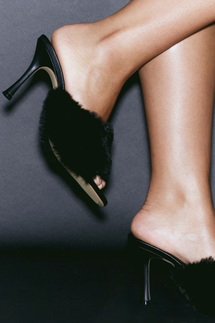 Black Fluffy Heels | Heels, Strappy sandals, Fluffy heels