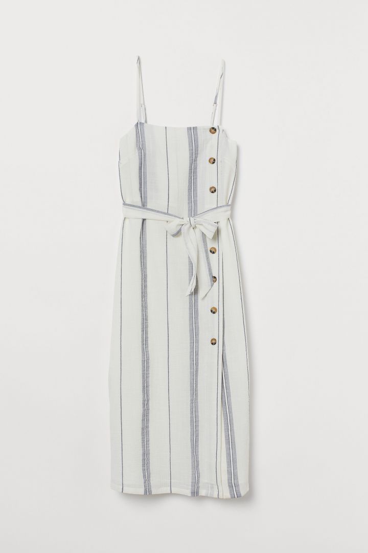 Linen dress - White/Blue striped| H☀M CN