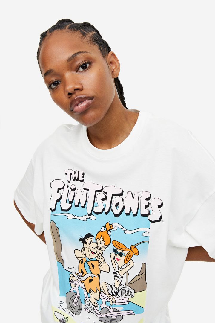 Oversized printed T-shirt - White/Flintstones| H&M CN