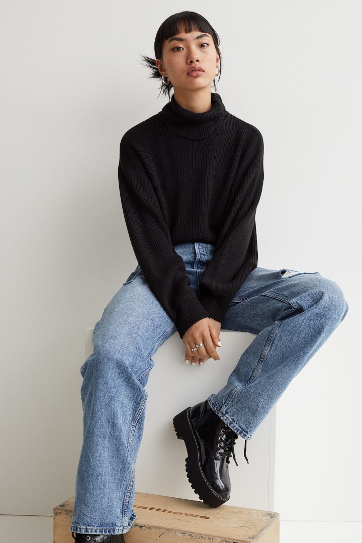 black cropped polo neck jumper