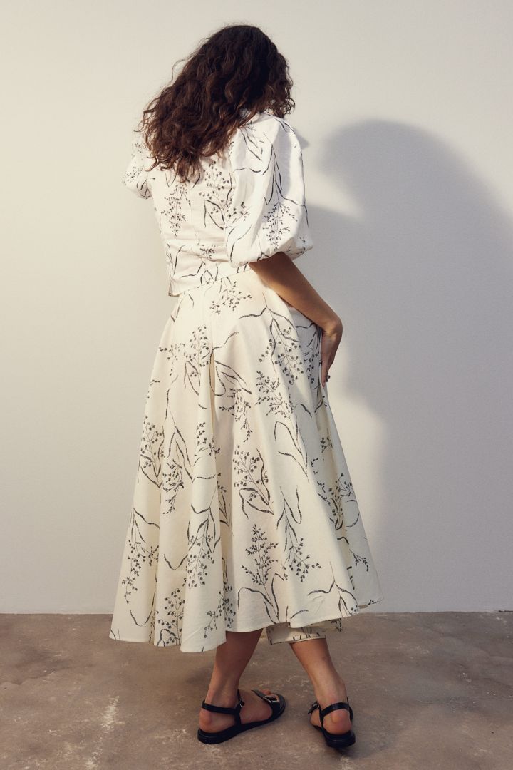 Linen-blend circular skirt - White/Patterned| H&M CN